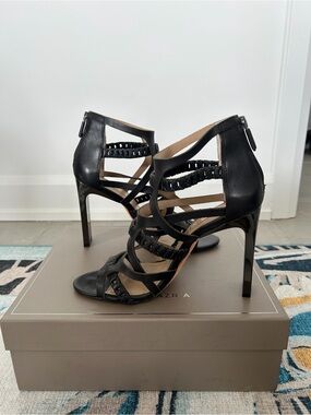 BCBG Black Braided Strappy Stiletto Sandals